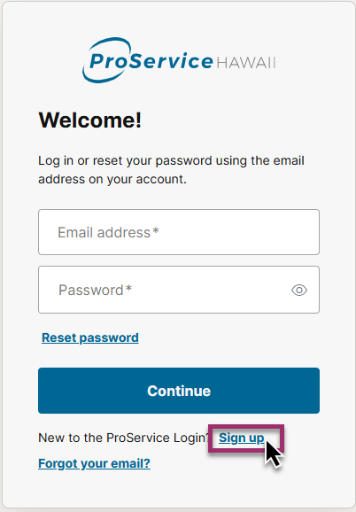 ProService Login welcome screen with the Sign up link highlighted