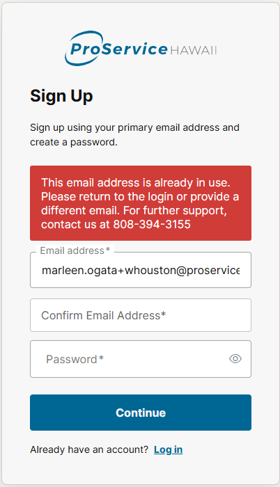 Message: this email address is already in use