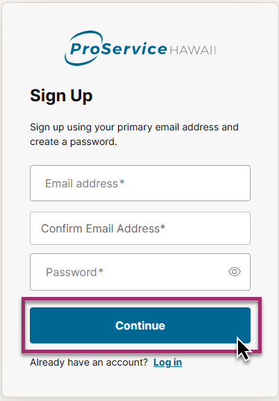 Sign Up form with email, confirm email, and password fields