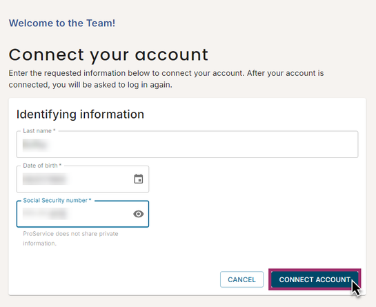 Connect your account — identifying information form