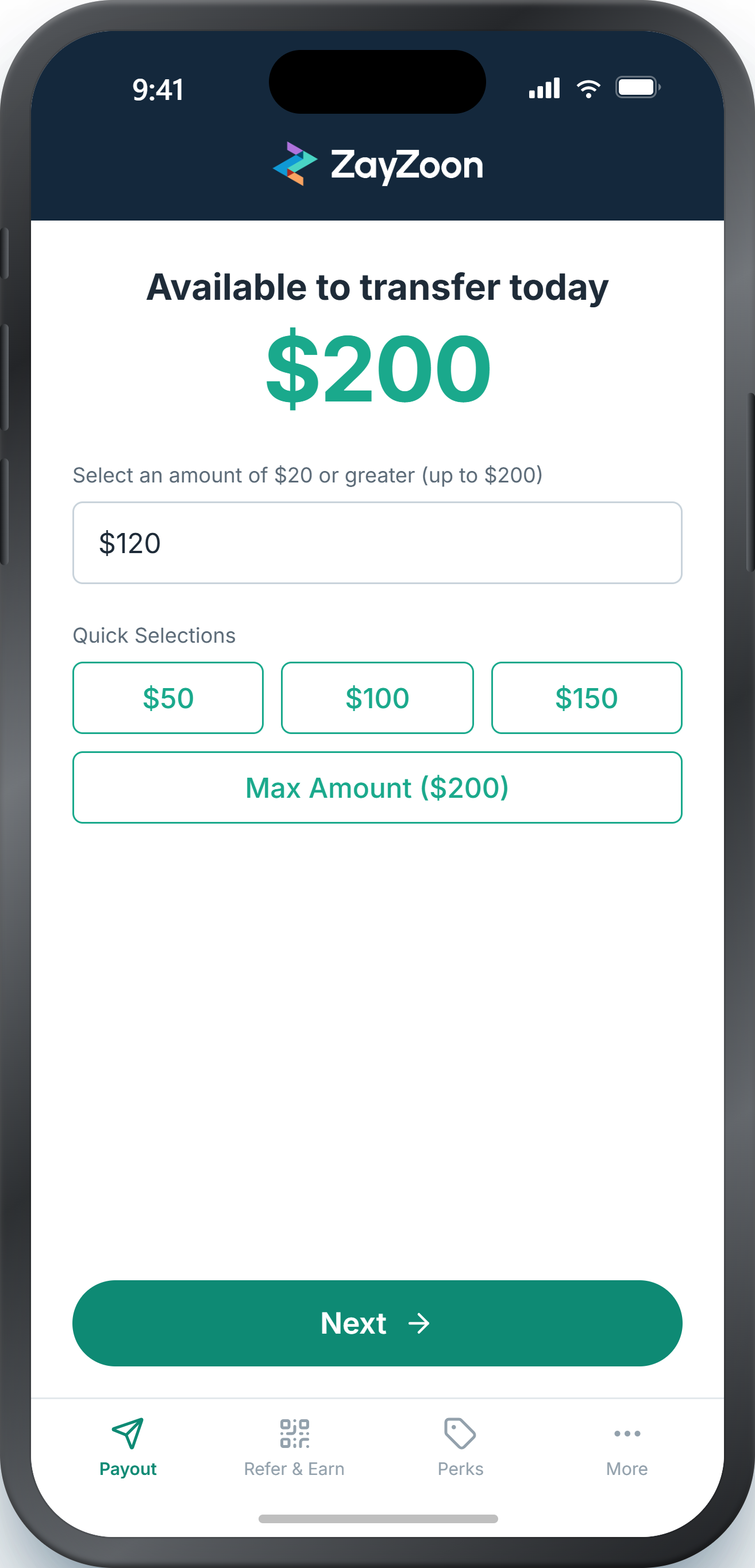 The ZayZoon app showing $200 available to transfer today